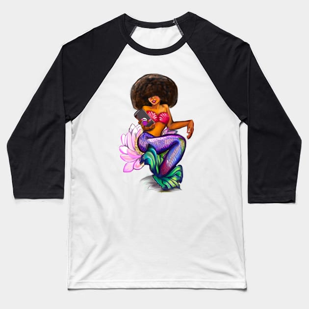 Mermaid Afro Mermaid on phone sitting on Lilly flower - Coco the Magical rainbow mermaid and phone - brown eyes, Afro hair in two puffs and caramel brown skin - light background Baseball T-Shirt by Artonmytee